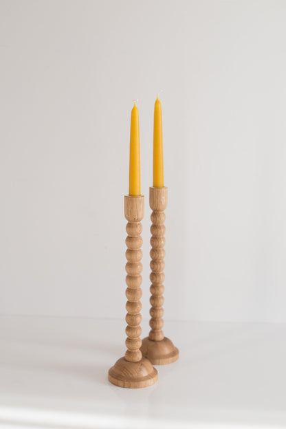 Set of 2 Hand-Turned Wooden Taper Candle Holders – Bubble Design, Oak