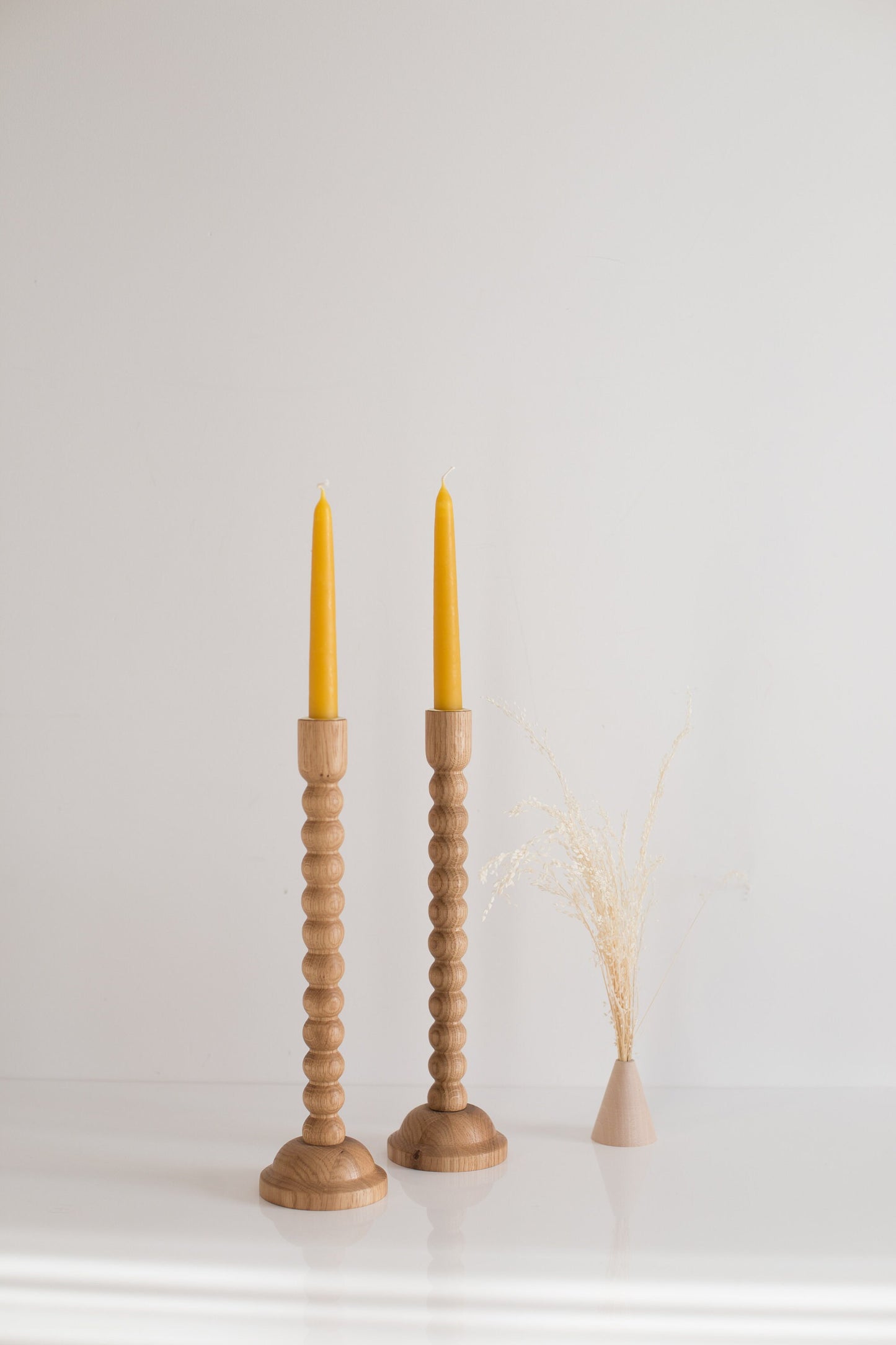 Set of 2 Hand-Turned Wooden Taper Candle Holders – Bubble Design, Oak