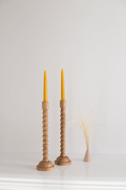 Set of 2 Hand-Turned Wooden Taper Candle Holders – Bubble Design, Oak