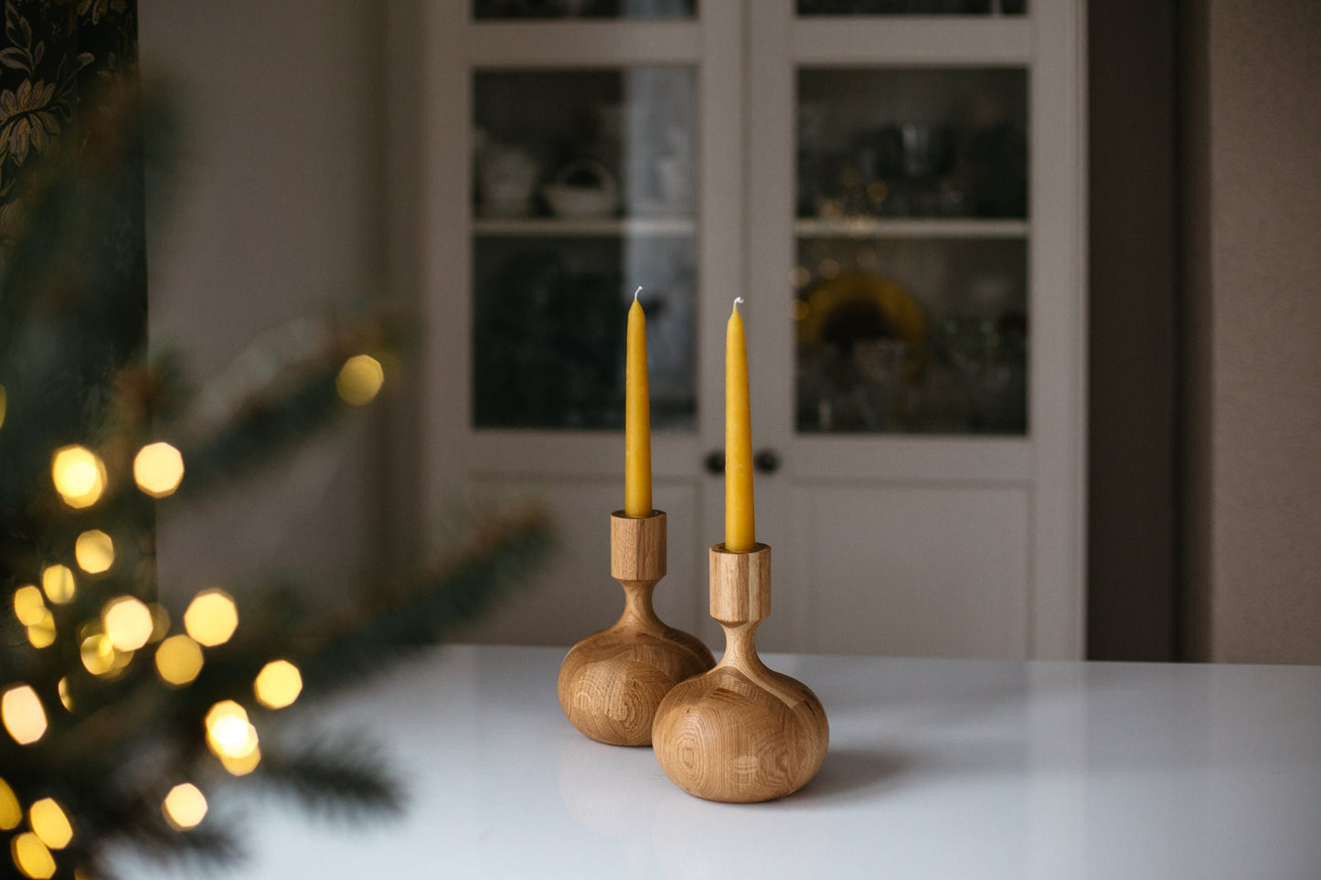 Set of 2 Hand-Turned Wooden Taper Candle Holders – Queen Style, Oak