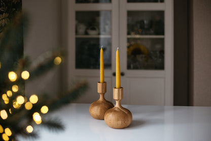 Set of 2 Hand-Turned Wooden Taper Candle Holders – Queen Style, Oak
