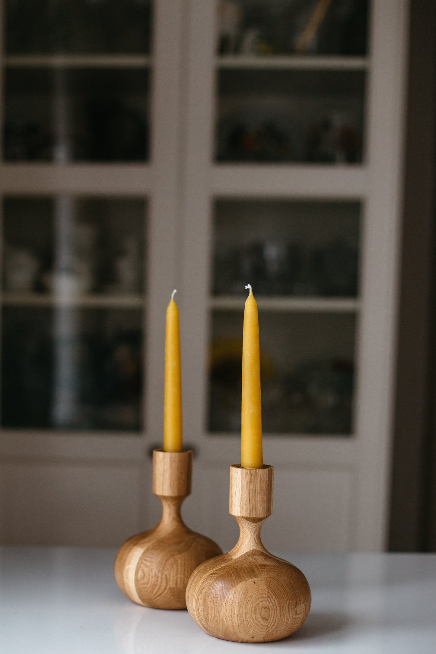 Set of 2 Hand-Turned Wooden Taper Candle Holders – Queen Style, Oak