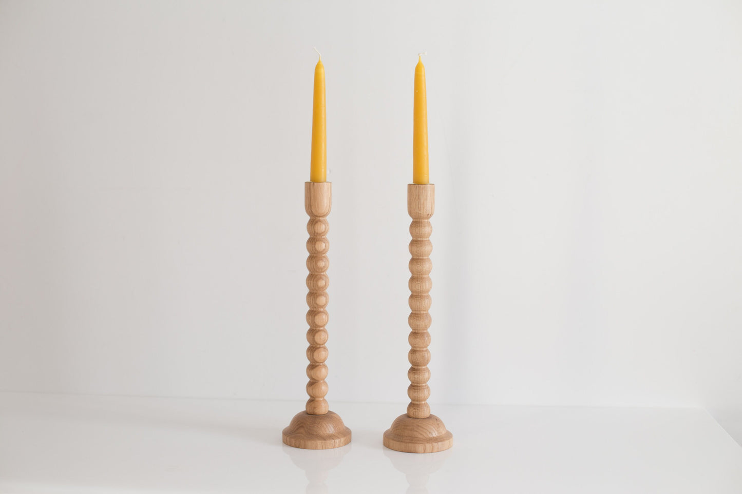 Set of 2 Hand-Turned Wooden Taper Candle Holders – Bubble Design, Oak