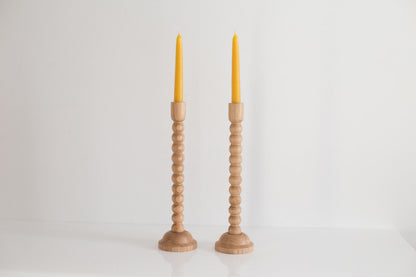 Set of 2 Hand-Turned Wooden Taper Candle Holders – Bubble Design, Oak