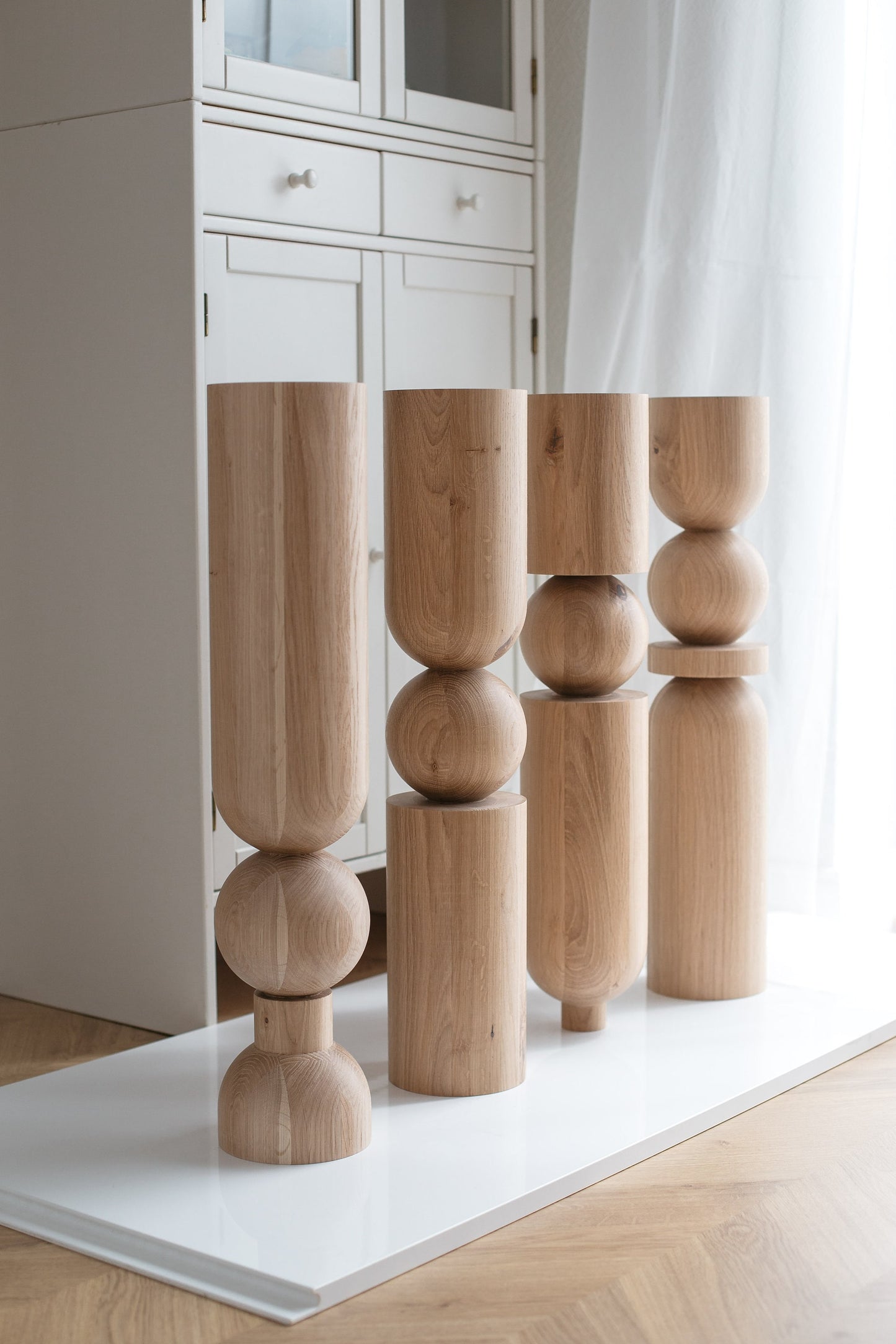 Wooden Table & Bar Leg with Rounded Sphere Detail – Lathe-Turned Design, H690 mm