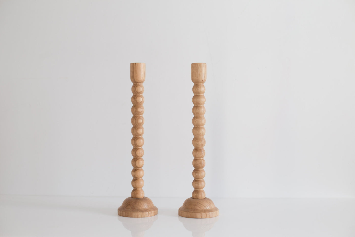 Set of 2 Hand-Turned Wooden Taper Candle Holders – Bubble Design, Oak