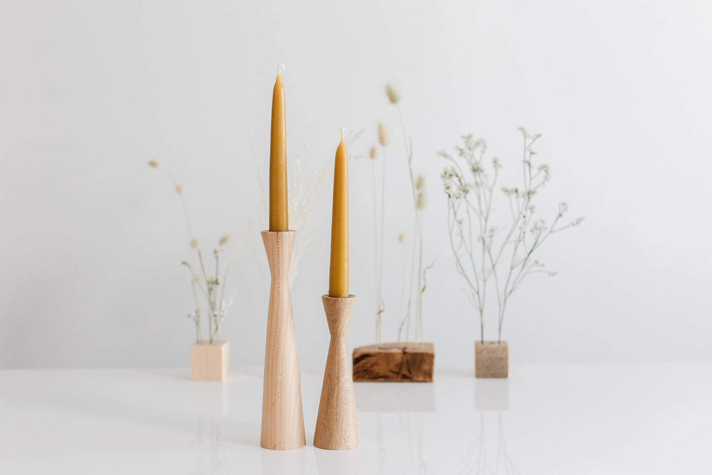 Set of 2 Hand-Turned Wooden Taper Candle Holders – Triangle Design, Oak