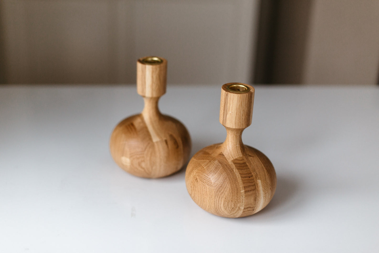Set of 2 Hand-Turned Wooden Taper Candle Holders – Queen Style, Oak