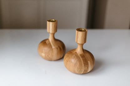 Set of 2 Hand-Turned Wooden Taper Candle Holders – Queen Style, Oak