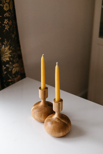 Set of 2 Hand-Turned Wooden Taper Candle Holders – Queen Style, Oak