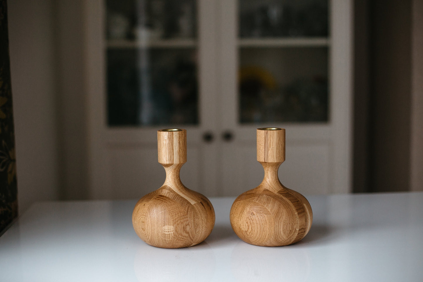 Set of 2 Hand-Turned Wooden Taper Candle Holders – Queen Style, Oak