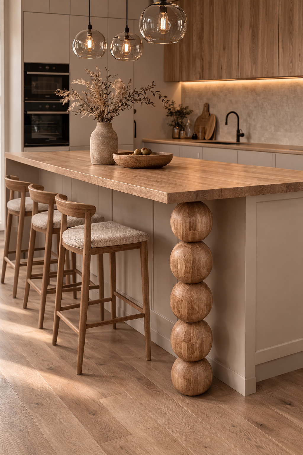 Möbelbein aus Holz mit fünf Kugeldetails – Drechseldesign, H730 mm