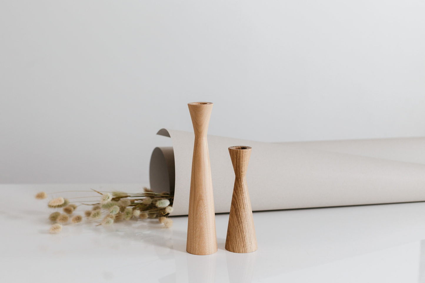 Set of 2 Hand-Turned Wooden Taper Candle Holders – Triangle Design, Oak