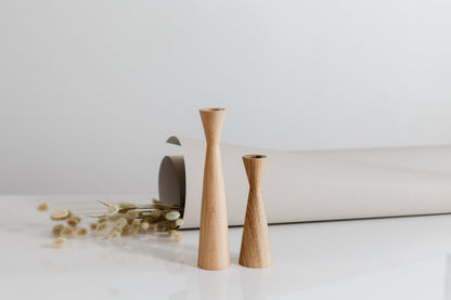 Set of 2 Hand-Turned Wooden Taper Candle Holders – Triangle Design, Oak