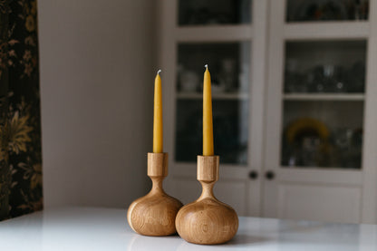 Set of 2 Hand-Turned Wooden Taper Candle Holders – Queen Style, Oak