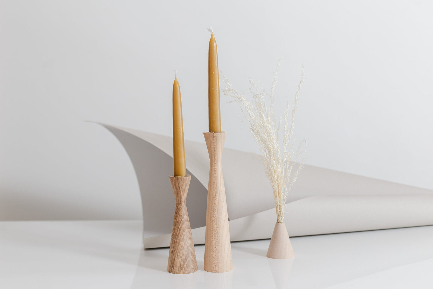 Set of 2 Hand-Turned Wooden Taper Candle Holders – Triangle Design, Oak