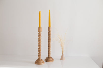 Set of 2 Hand-Turned Wooden Taper Candle Holders – Bubble Design, Oak